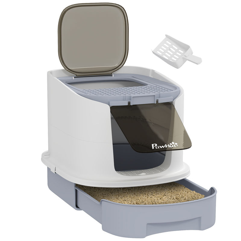 Pawhut arenero para gatos cubierto caja de arena para gatos arenero cerrado con entrada frontal salida superior tapa removible bandeja extraíble y