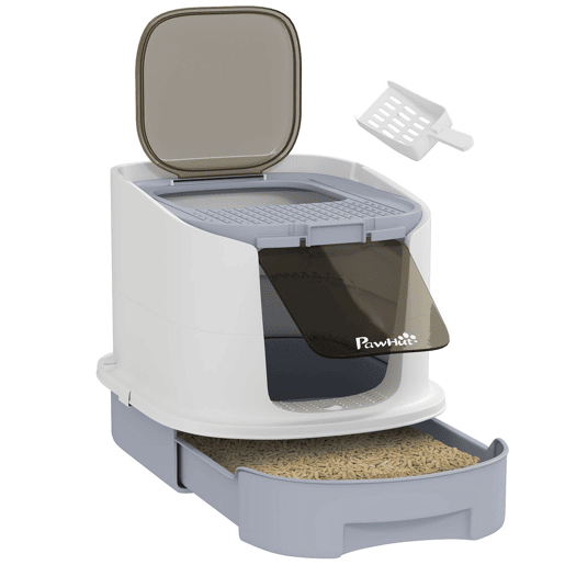 PawHut Caixa de Areia para Gatos Fechada Caixa de Areia para Gatos com Entrada Frontal Saída Superior Tampa Amovível Bandeja e Pá 40,5x52,5x42,5 cm Branco e Cinza