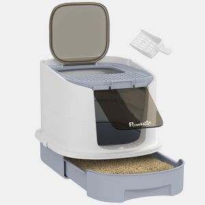 PawHut Caixa de Areia para Gatos Fechada Caixa de Areia para Gatos com Entrada Frontal Saída Superior Tampa Amovível Bandeja e Pá 40,5x52,5x42,5 cm Branco e Cinza