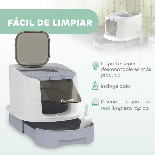 PawHut Caixa de Areia para Gatos Fechada Caixa de Areia para Gatos com Entrada Frontal Saída Superior Tampa Amovível Bandeja e Pá 40,5x52,5x42,5 cm Branco e Cinza