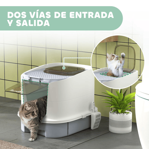 PawHut Caixa de Areia para Gatos Fechada Caixa de Areia para Gatos com Entrada Frontal Saída Superior Tampa Amovível Bandeja e Pá 40,5x52,5x42,5 cm Branco e Cinza