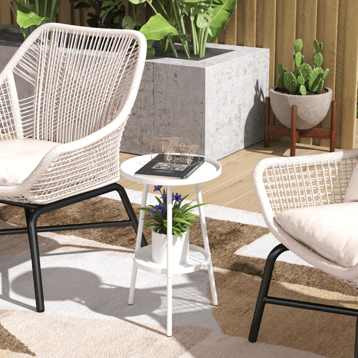 Outsunny Mesa de Jardim Redonda de 2 Níveis Mesa de Exterior Ø32x51 cm com Bandeja Inferior e Estrutura de Metal Mesa para Exterior e Interior Branco