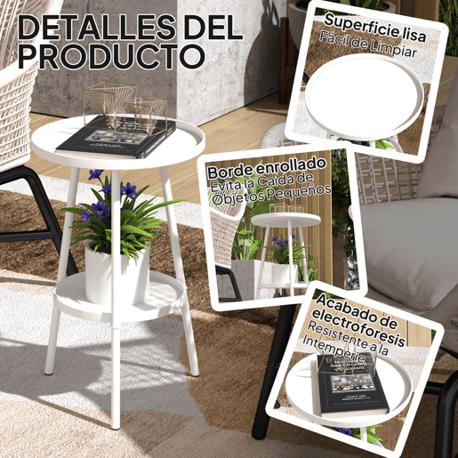 Outsunny Mesa de Jardim Redonda de 2 Níveis Mesa de Exterior Ø32x51 cm com Bandeja Inferior e Estrutura de Metal Mesa para Exterior e Interior Branco