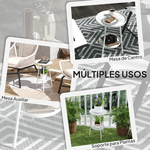 Outsunny Mesa de Jardim Redonda de 2 Níveis Mesa de Exterior Ø32x51 cm com Bandeja Inferior e Estrutura de Metal Mesa para Exterior e Interior Branco