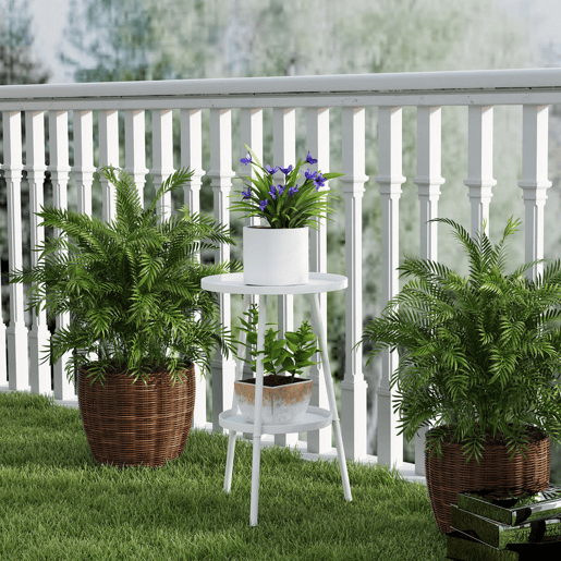 Outsunny Mesa de Jardim Redonda de 2 Níveis Mesa de Exterior Ø32x51 cm com Bandeja Inferior e Estrutura de Metal Mesa para Exterior e Interior Branco
