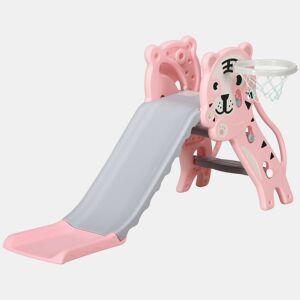 AIYAPLAY Escorrega para Crianças 2 em 1 Escorrega para Crianças de 18 a 36 Meses com 2 Degraus Cesta de Basquetebol e Desenho de Tigre para Interior 133x60x70 cm Rosa e Cinza