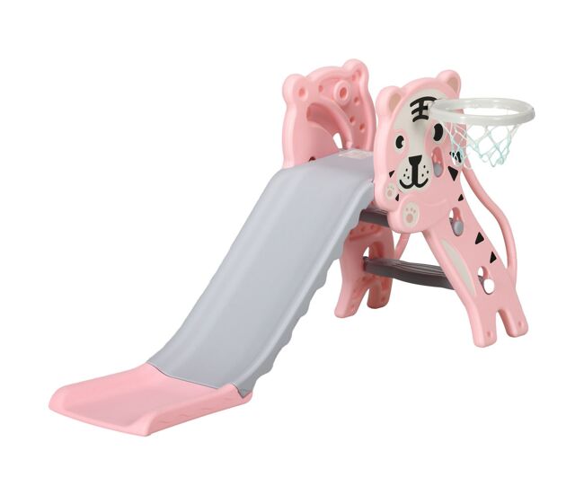Aiyaplay tobogán infantil 3 en 1 tobogán para niños de 18 a 36 meses con 2 escaleras 1 canasta de baloncesto y patrón de animal para interior 133x60x70 cm rosa y gris