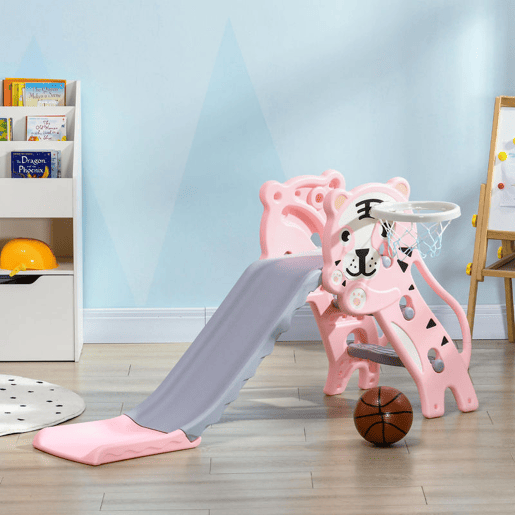AIYAPLAY Escorrega para Crianças 2 em 1 Escorrega para Crianças de 18 a 36 Meses com 2 Degraus Cesta de Basquetebol e Desenho de Tigre para Interior 133x60x70 cm Rosa e Cinza