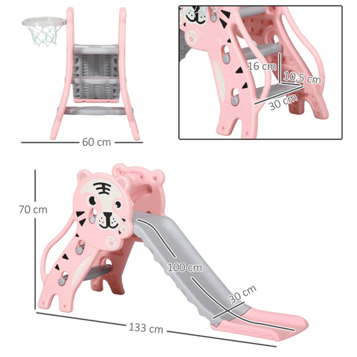 AIYAPLAY Escorrega para Crianças 2 em 1 Escorrega para Crianças de 18 a 36 Meses com 2 Degraus Cesta de Basquetebol e Desenho de Tigre para Interior 133x60x70 cm Rosa e Cinza