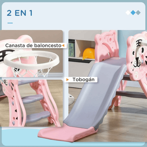 AIYAPLAY Escorrega para Crianças 2 em 1 Escorrega para Crianças de 18 a 36 Meses com 2 Degraus Cesta de Basquetebol e Desenho de Tigre para Interior 133x60x70 cm Rosa e Cinza