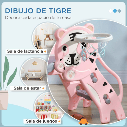 AIYAPLAY Escorrega para Crianças 2 em 1 Escorrega para Crianças de 18 a 36 Meses com 2 Degraus Cesta de Basquetebol e Desenho de Tigre para Interior 133x60x70 cm Rosa e Cinza