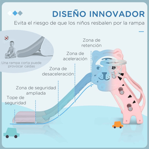 AIYAPLAY Escorrega para Crianças 2 em 1 Escorrega para Crianças de 18 a 36 Meses com 2 Degraus Cesta de Basquetebol e Desenho de Tigre para Interior 133x60x70 cm Rosa e Cinza