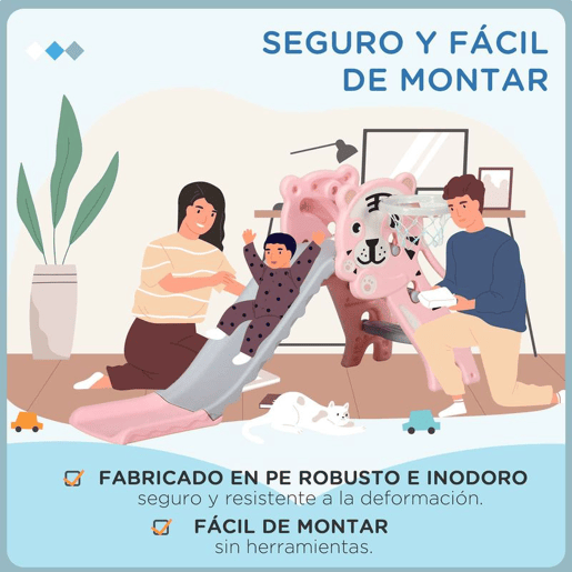 AIYAPLAY Escorrega para Crianças 2 em 1 Escorrega para Crianças de 18 a 36 Meses com 2 Degraus Cesta de Basquetebol e Desenho de Tigre para Interior 133x60x70 cm Rosa e Cinza