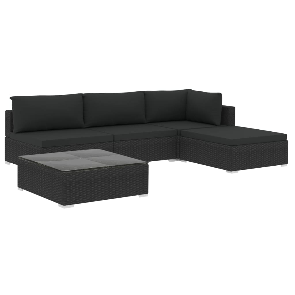 Set muebles de jardín 5 piezas y cojines ratán sintético negro