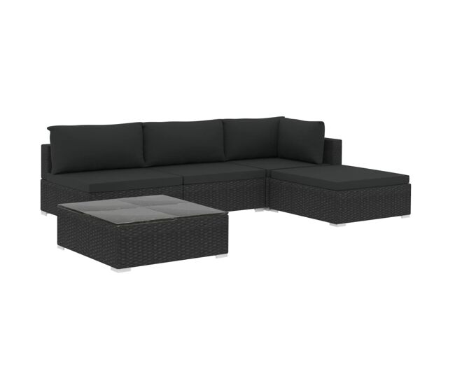 Set muebles de jardín 5 piezas y cojines ratán sintético negro