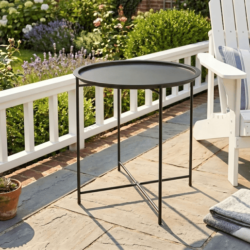 Outsunny Mesa Auxiliar Redonda Mesa de Jardim com Bandeja Amovível Pés Dobráveis Mesa para Exterior Pátio Ø46x50 cm Preto