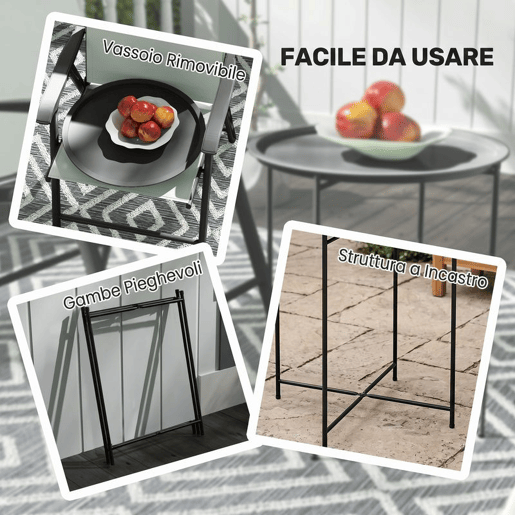 Outsunny Mesa Auxiliar Redonda Mesa de Jardim com Bandeja Amovível Pés Dobráveis Mesa para Exterior Pátio Ø46x50 cm Preto