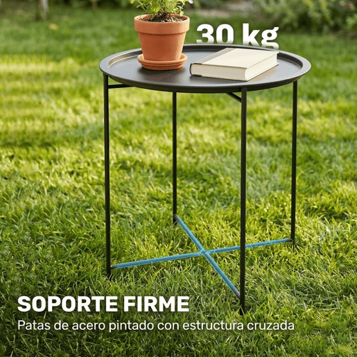 Outsunny Mesa Auxiliar Redonda Mesa de Jardim com Bandeja Amovível Pés Dobráveis Mesa para Exterior Pátio Ø46x50 cm Preto