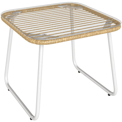 Outsunny Mesa de Jardim de Vime Sintético Mesa para Exterior com Bancada de Vidro Temperado e Pés Ajustáveis Mesa Auxiliar para Pátio Varanda 50x50x44 cm Madeira e Branca
