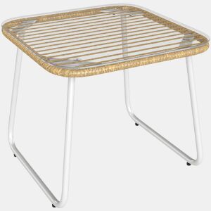 Outsunny Mesa de Jardim de Vime Sintético Mesa para Exterior com Bancada de Vidro Temperado e Pés Ajustáveis Mesa Auxiliar para Pátio Varanda 50x50x44 cm Madeira e Branca