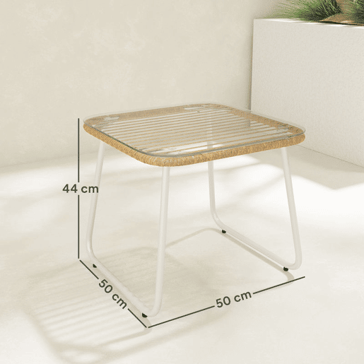 Outsunny Mesa de Jardim de Vime Sintético Mesa para Exterior com Bancada de Vidro Temperado e Pés Ajustáveis Mesa Auxiliar para Pátio Varanda 50x50x44 cm Madeira e Branca