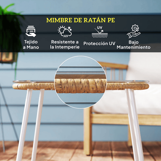 Outsunny Mesa de Jardim de Vime Sintético Mesa para Exterior com Bancada de Vidro Temperado e Pés Ajustáveis Mesa Auxiliar para Pátio Varanda 50x50x44 cm Madeira e Branca