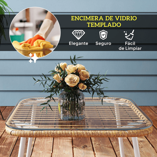 Outsunny Mesa de Jardim de Vime Sintético Mesa para Exterior com Bancada de Vidro Temperado e Pés Ajustáveis Mesa Auxiliar para Pátio Varanda 50x50x44 cm Madeira e Branca