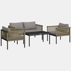 Outsunny Conjunto de Jardim de Vime Sintético de 4 Peças Móveis de Exterior Inclui 1 Sofá Duplo 2 Cadeiras e Mesa de Centro com Almofadas Madeira e Cinzento