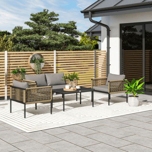 Outsunny Conjunto de Jardim de Vime Sintético de 4 Peças Móveis de Exterior Inclui 1 Sofá Duplo 2 Cadeiras e Mesa de Centro com Almofadas Madeira e Cinzento