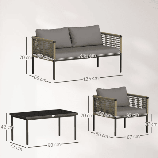 Outsunny Conjunto de Jardim de Vime Sintético de 4 Peças Móveis de Exterior Inclui 1 Sofá Duplo 2 Cadeiras e Mesa de Centro com Almofadas Madeira e Cinzento