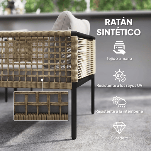 Outsunny Conjunto de Jardim de Vime Sintético de 4 Peças Móveis de Exterior Inclui 1 Sofá Duplo 2 Cadeiras e Mesa de Centro com Almofadas Madeira e Cinzento
