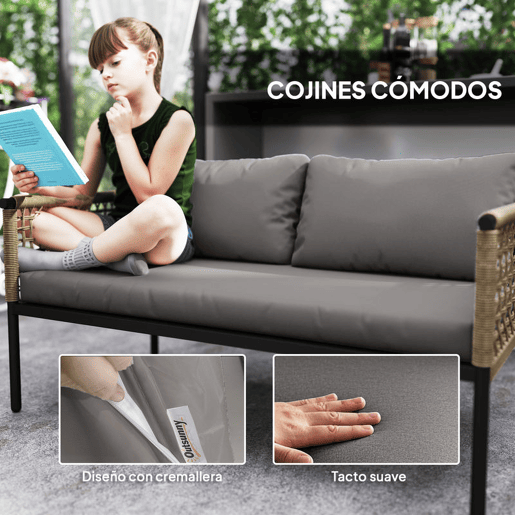 Outsunny Conjunto de Jardim de Vime Sintético de 4 Peças Móveis de Exterior Inclui 1 Sofá Duplo 2 Cadeiras e Mesa de Centro com Almofadas Madeira e Cinzento