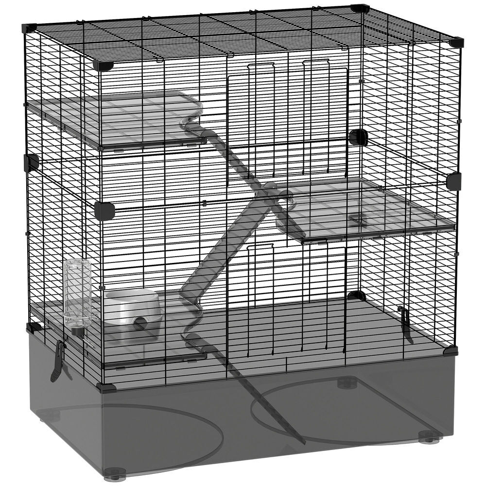 Pawhut jaula para animales pequeños de 4 niveles jaula para roedores con bandeja profunda rampas plataformas comedero y bebedero recinto para chinchillas hurones hámster 73x47x80 cm negro