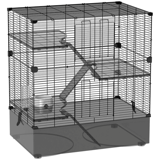 PawHut Gaiola para Pequenos Animais de 4 Níveis com Bandeja Inferior Gaiola para Roedores com Rampas Comedouro e Bebedouro Recinto para Chinchilas 73x47x80 cm Preto