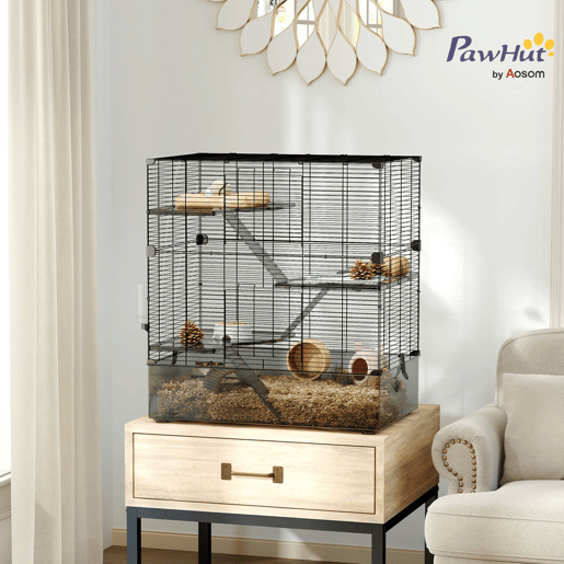 PawHut Gaiola para Pequenos Animais de 4 Níveis com Bandeja Inferior Gaiola para Roedores com Rampas Comedouro e Bebedouro Recinto para Chinchilas 73x47x80 cm Preto