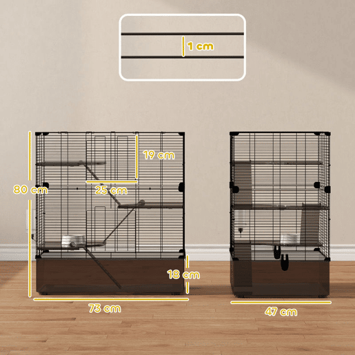 PawHut Gaiola para Pequenos Animais de 4 Níveis com Bandeja Inferior Gaiola para Roedores com Rampas Comedouro e Bebedouro Recinto para Chinchilas 73x47x80 cm Preto