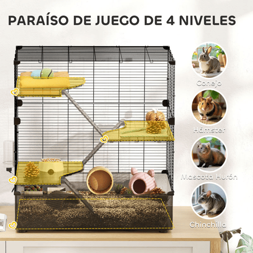 PawHut Gaiola para Pequenos Animais de 4 Níveis com Bandeja Inferior Gaiola para Roedores com Rampas Comedouro e Bebedouro Recinto para Chinchilas 73x47x80 cm Preto