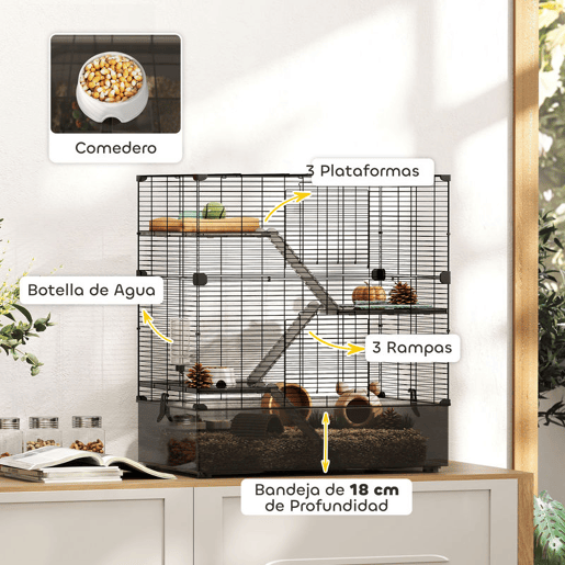 PawHut Gaiola para Pequenos Animais de 4 Níveis com Bandeja Inferior Gaiola para Roedores com Rampas Comedouro e Bebedouro Recinto para Chinchilas 73x47x80 cm Preto