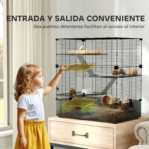 PawHut Gaiola para Pequenos Animais de 4 Níveis com Bandeja Inferior Gaiola para Roedores com Rampas Comedouro e Bebedouro Recinto para Chinchilas 73x47x80 cm Preto