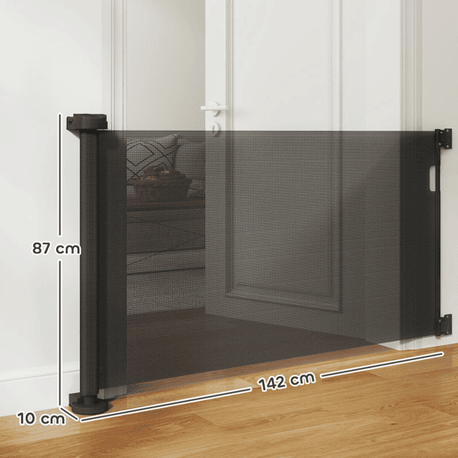 PawHut Barreira de Segurança para Cães Retrátil 0-136 cm Barreira para Cães Pequenos Extensível com Botão de Fecho Porta de Segurança para Corredores Escadas Interiores e Exteriores Preto