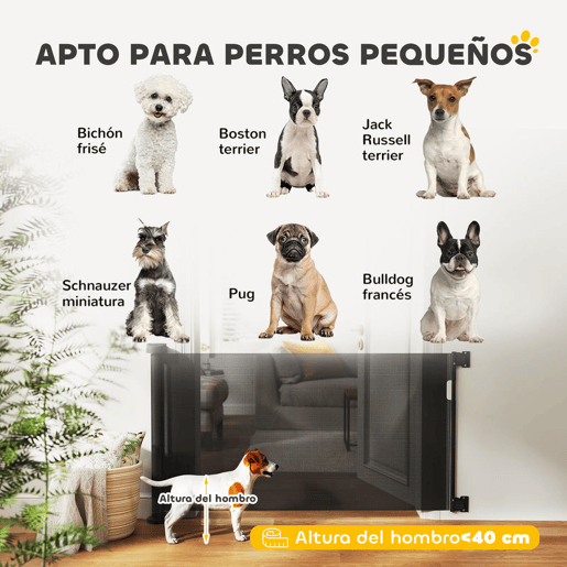 PawHut Barreira de Segurança para Cães Retrátil 0-136 cm Barreira para Cães Pequenos Extensível com Botão de Fecho Porta de Segurança para Corredores Escadas Interiores e Exteriores Preto