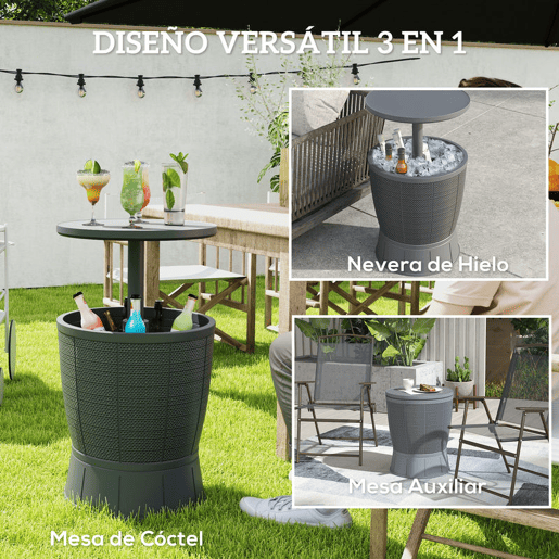 Outsunny Mesa Refrigeradora para Exterior, 41 L, 3 em 1, Mesa Auxiliar Cool Bar, Altura Ajustável 58-84 cm, com Balde de Gelo e Tampa Superior Elevável, para Festas, Piscina, Jardim, Terraço, Cinzenta