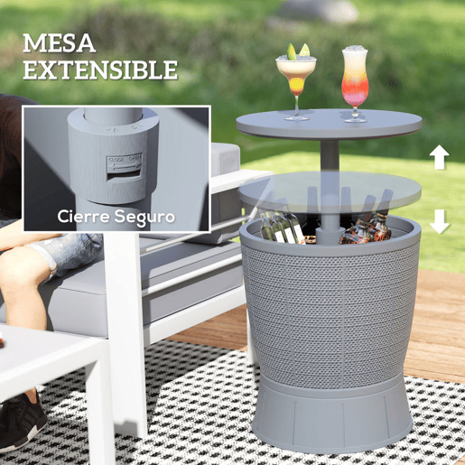 Outsunny Mesa Refrigeradora para Exterior, 41 L, 3 em 1, Mesa Auxiliar Cool Bar, Altura Ajustável 58-84 cm, com Balde de Gelo e Tampa Superior Elevável, para Festas, Piscina, Jardim, Terraço, Cinzenta