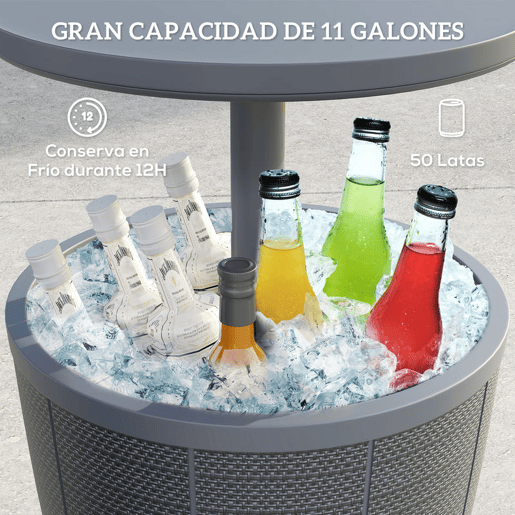 Outsunny Mesa Refrigeradora para Exterior, 41 L, 3 em 1, Mesa Auxiliar Cool Bar, Altura Ajustável 58-84 cm, com Balde de Gelo e Tampa Superior Elevável, para Festas, Piscina, Jardim, Terraço, Cinzenta