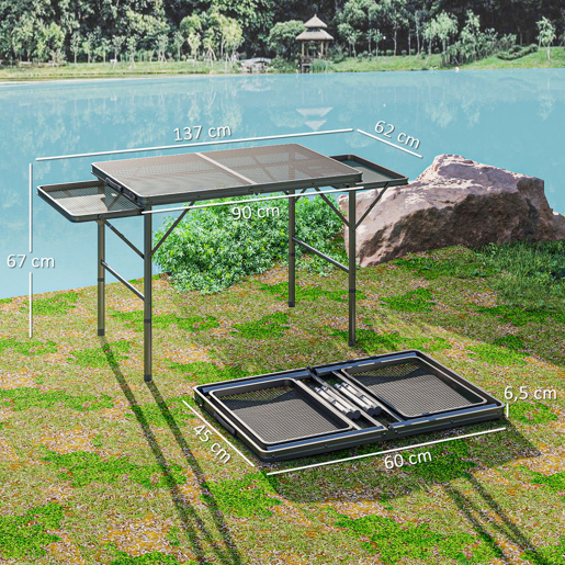 Outsunny Mesa Dobrável Campismo de Alumínio 137x62x67 cm com Laterais Abatíveis e Altura Ajustável Mesa Dobrável Portátil Leve com Bancada Metálica de Grade para Acampamento Caminhadas Praia Preto
