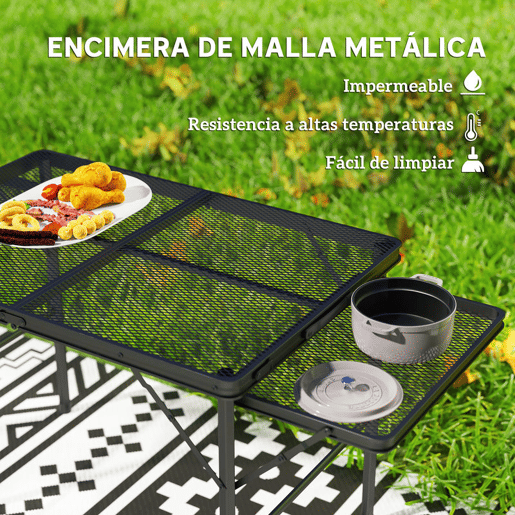 Outsunny Mesa Dobrável Campismo de Alumínio 137x62x67 cm com Laterais Abatíveis e Altura Ajustável Mesa Dobrável Portátil Leve com Bancada Metálica de Grade para Acampamento Caminhadas Praia Preto