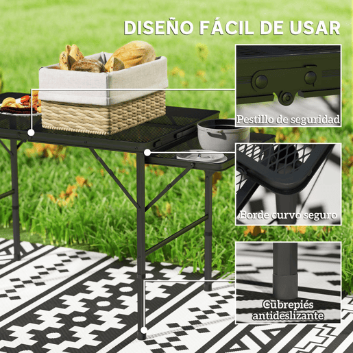 Outsunny Mesa Dobrável Campismo de Alumínio 137x62x67 cm com Laterais Abatíveis e Altura Ajustável Mesa Dobrável Portátil Leve com Bancada Metálica de Grade para Acampamento Caminhadas Praia Preto