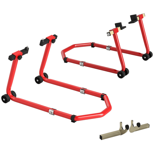 HOMCOM Suporte de Roda Dianteira e Traseira para Mota Carga 390 kg Cavalete Moto Elevador Universal com Adaptadores de Garfos em U e L Ajustáveis e Rodas para Reparação e Manutenção Vermelho