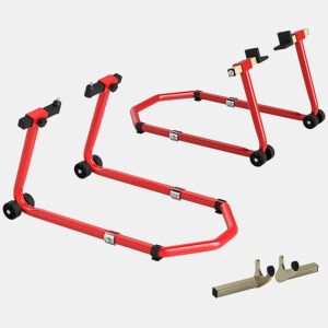 HOMCOM Suporte de Roda Dianteira e Traseira para Mota Carga 390 kg Cavalete Moto Elevador Universal com Adaptadores de Garfos em U e L Ajustáveis e Rodas para Reparação e Manutenção Vermelho