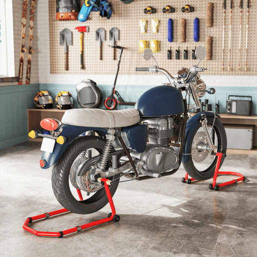 HOMCOM Suporte de Roda Dianteira e Traseira para Mota Carga 390 kg Cavalete Moto Elevador Universal com Adaptadores de Garfos em U e L Ajustáveis e Rodas para Reparação e Manutenção Vermelho